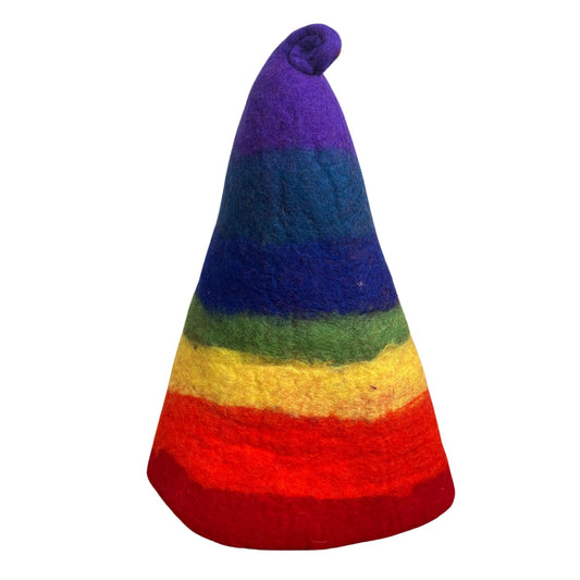 Hand-crafted felted wool wizard hat for sauna use featuring a vibrant rainbow spiral design.