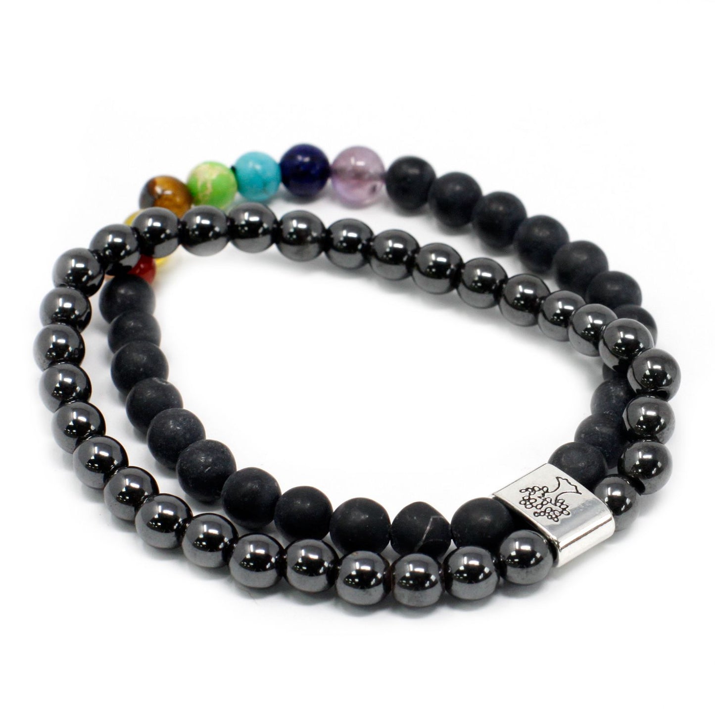 Black gemstone magnetic bracelet featuring seven colorful chakra beads on a durable elastic cord.