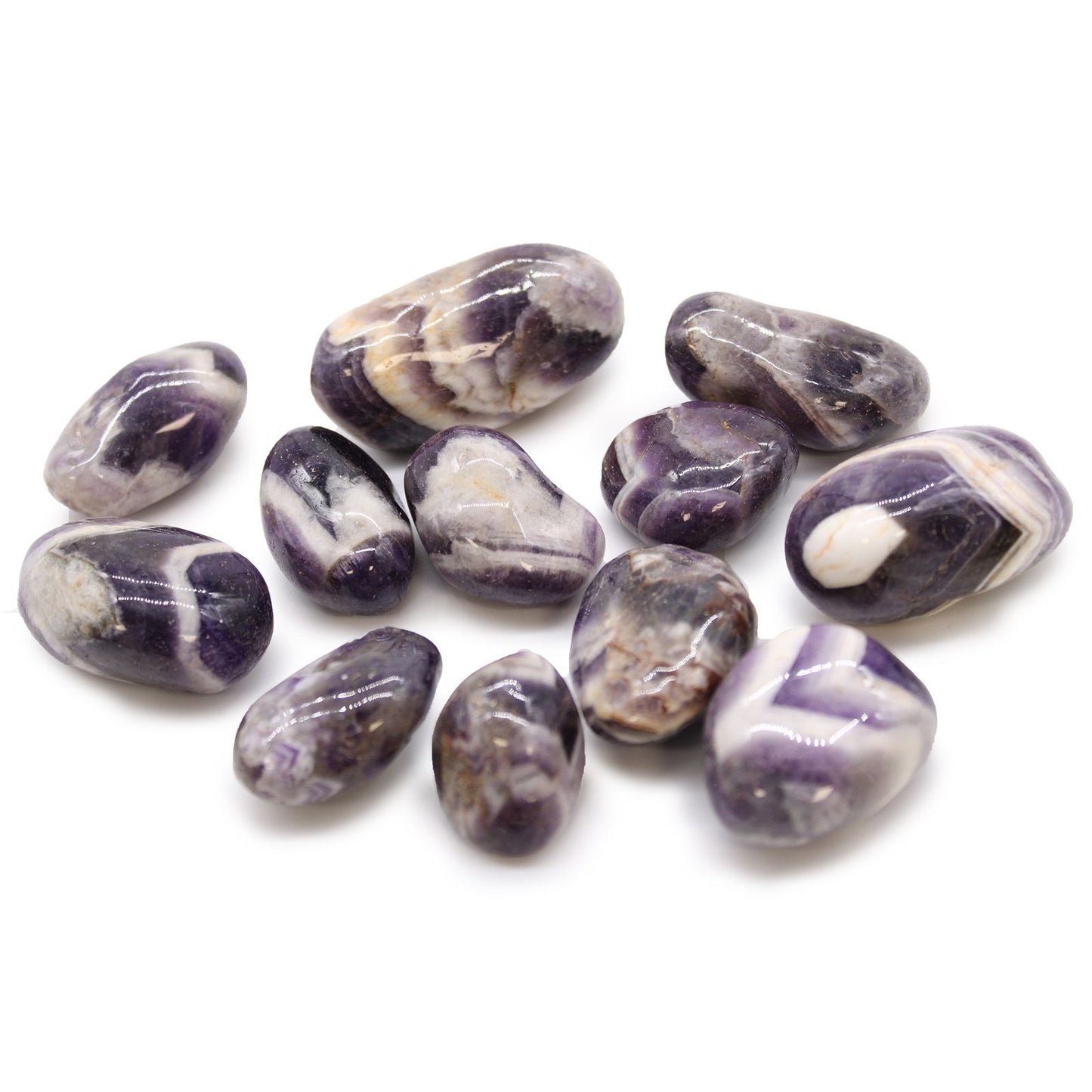 Polished medium sized tumble stone featuring distinctive purple and white V-shaped banded patterns.
