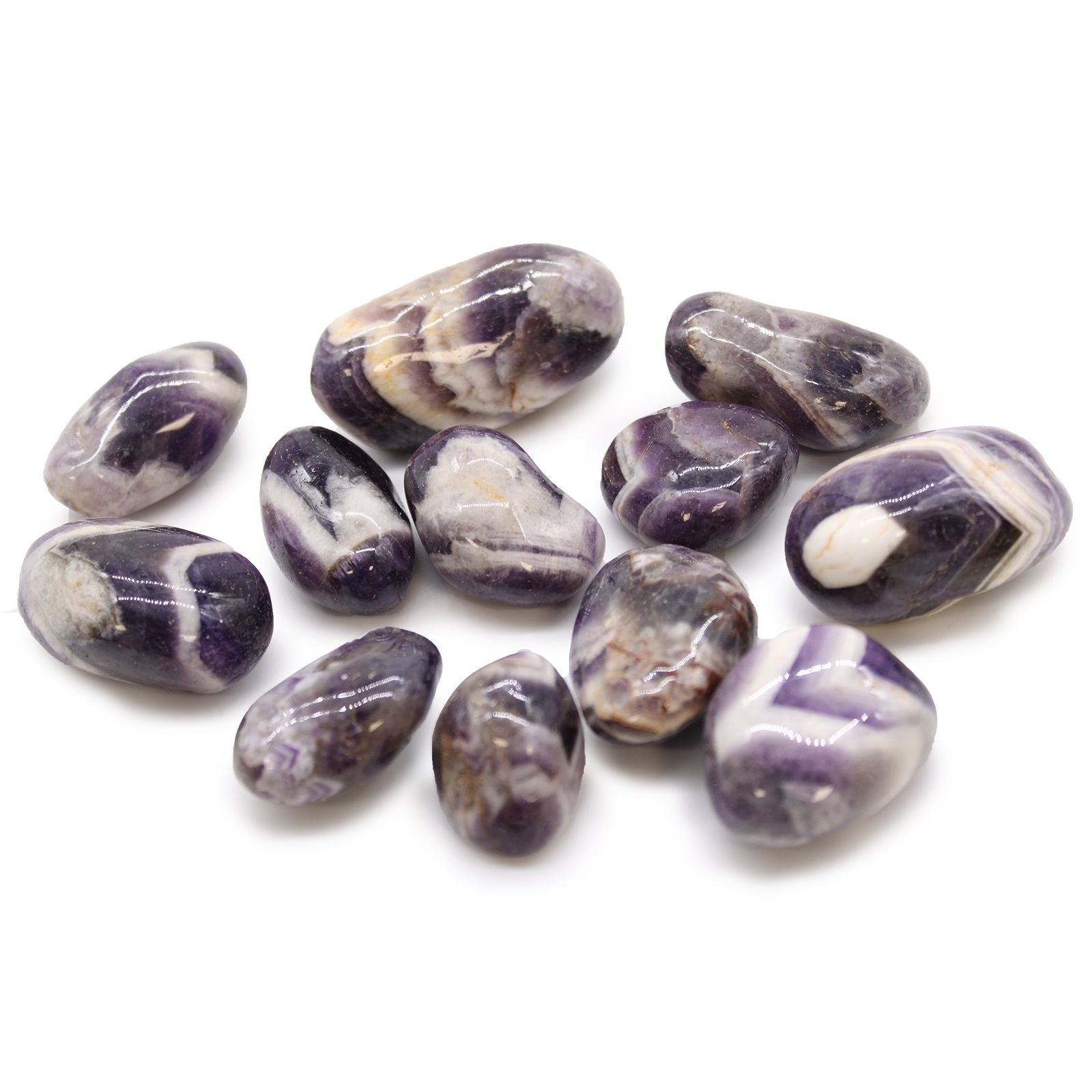 Polished medium sized tumble stone featuring distinctive purple and white V-shaped banded patterns.