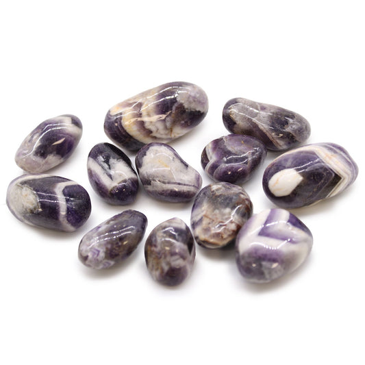 Polished medium sized tumble stone featuring distinctive purple and white V-shaped banded patterns.