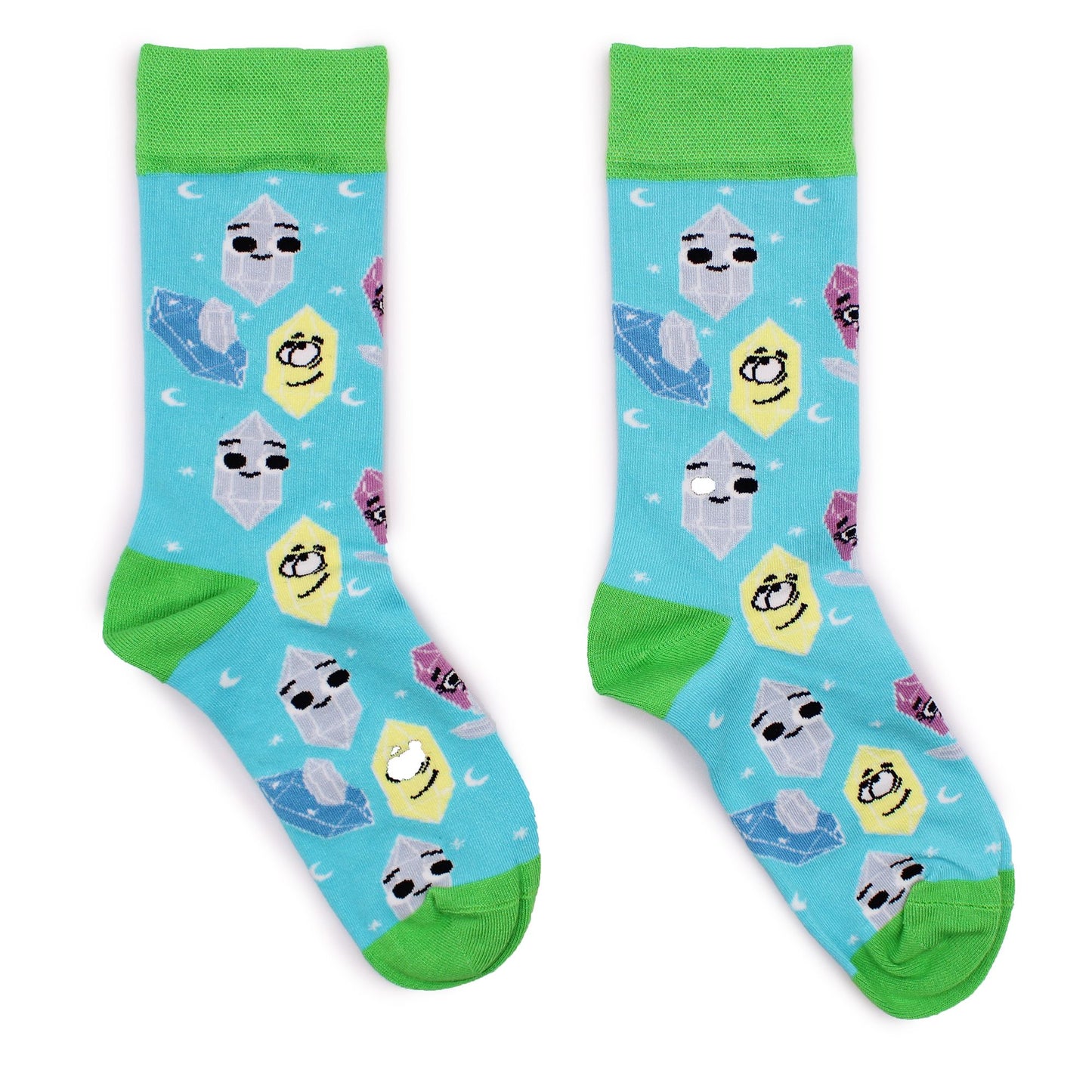 Soft bamboo socks in size small to medium featuring a vibrant lucky gemstones pattern on a dark background.