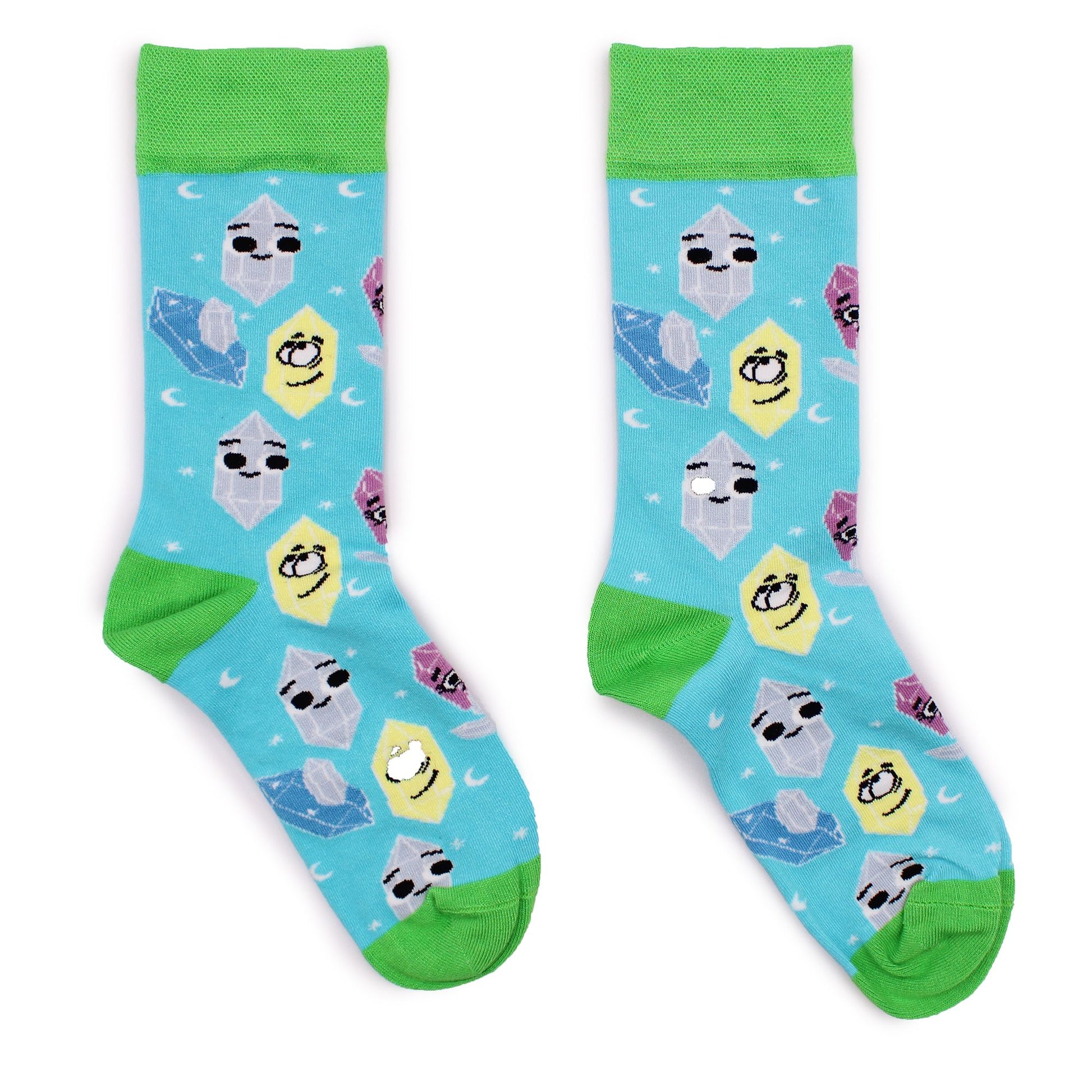 Soft bamboo socks in size small to medium featuring a vibrant lucky gemstones pattern on a dark background.