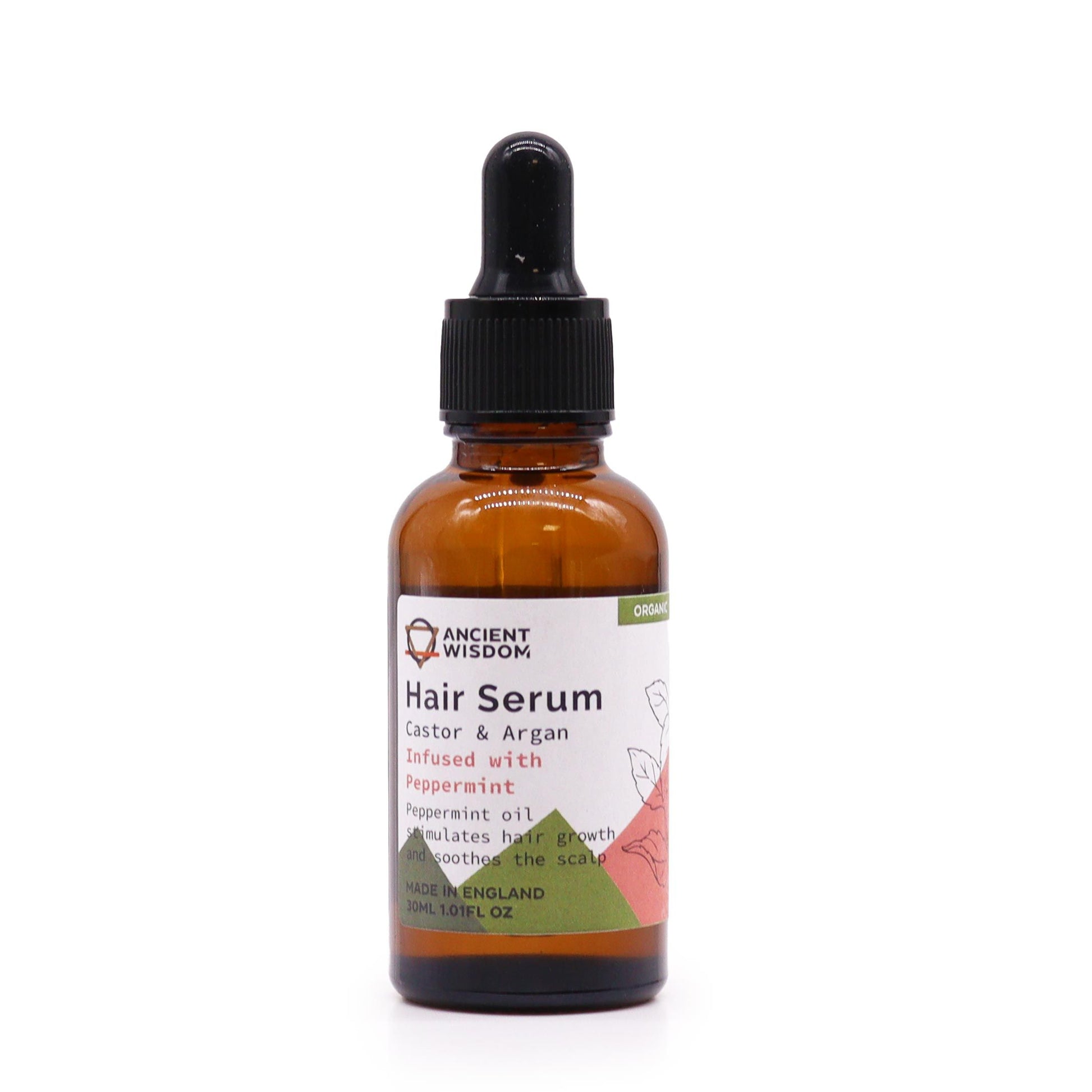 30ml glass bottle of organic peppermint hair serum with a dropper on a clean, neutral background.