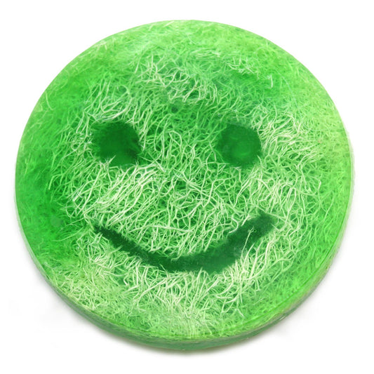 A vibrant mango-scented exfoliating scrub soap bar with a textured surface for skin renewal.