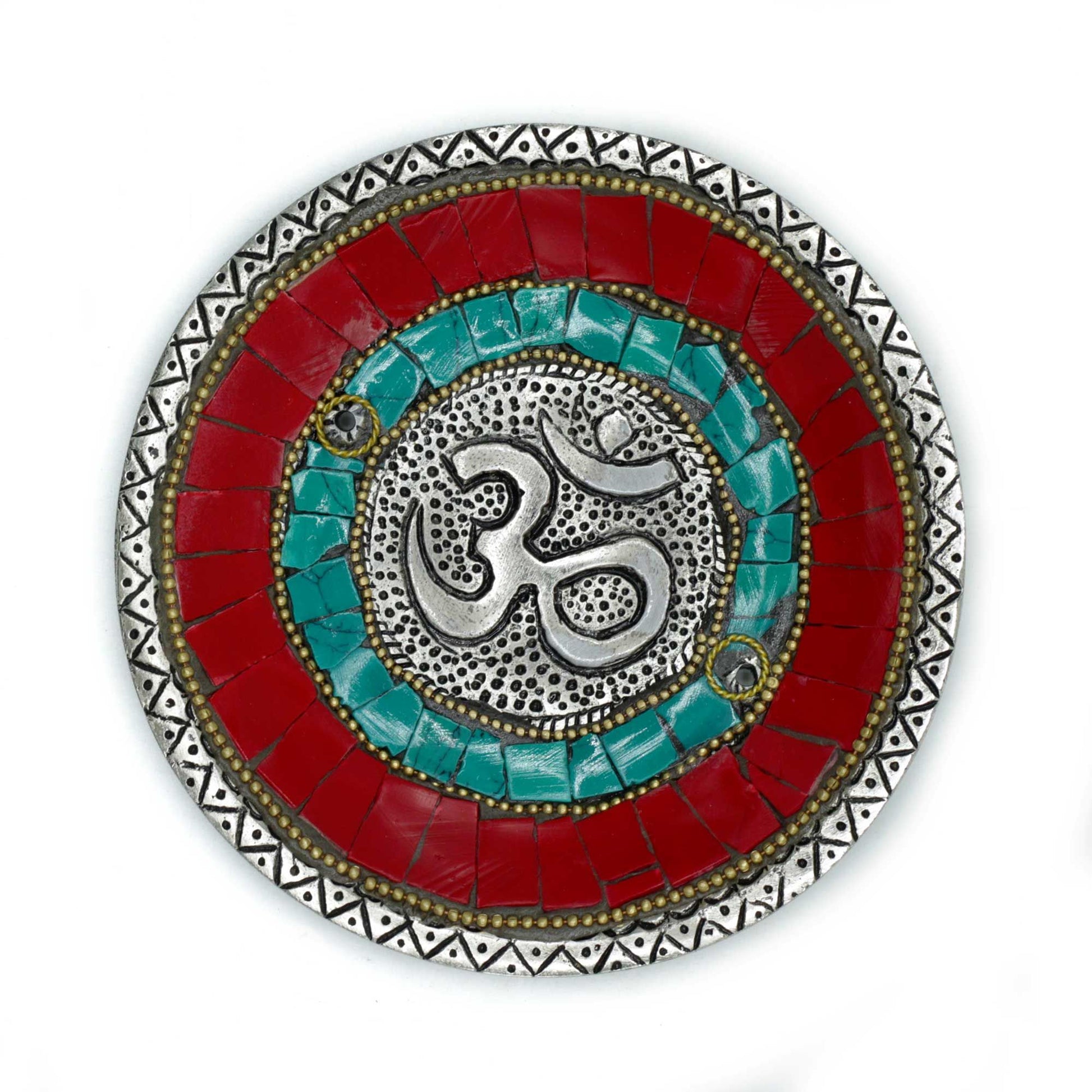 Circular handcrafted metal incense holder featuring the sacred Om symbol, designed for both incense cones and sticks.