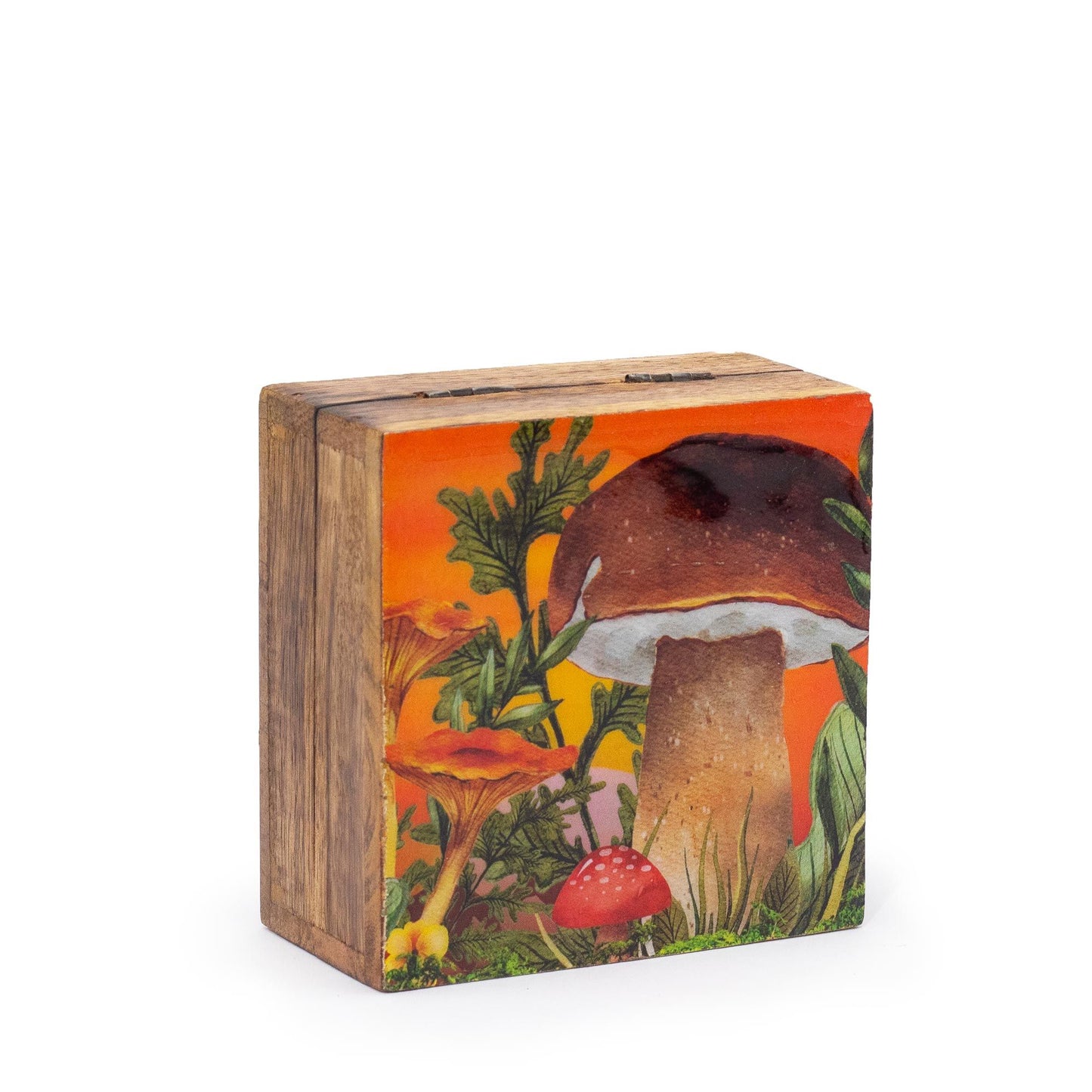 Small square maroon enameled trinket box with a white and red mushroom design on the lid.