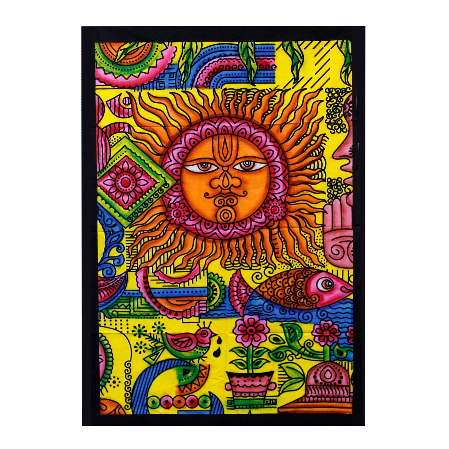 Vibrant handbrushed cotton wall hanging featuring a bold sun design with rich colours and artistic details.