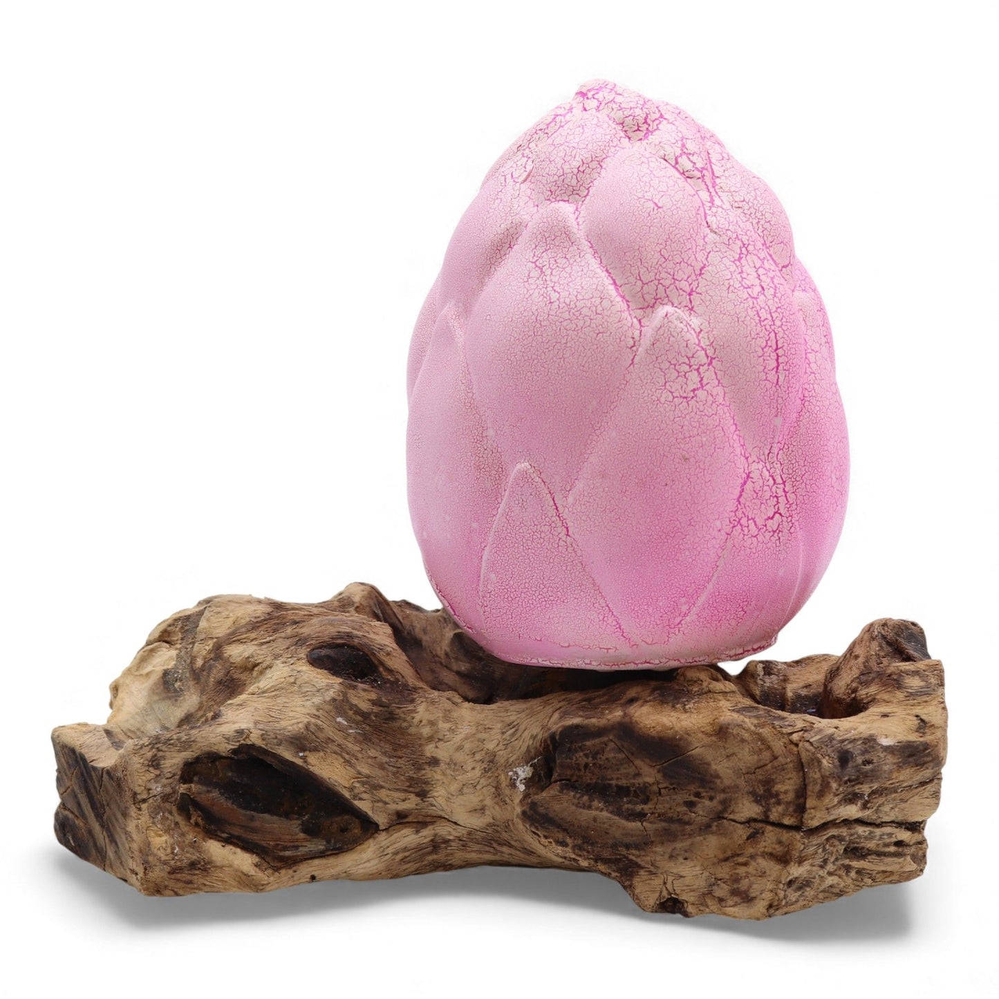 Enchanting lamp featuring a purple crackle lotus flower shade resting on a natural driftwood base.