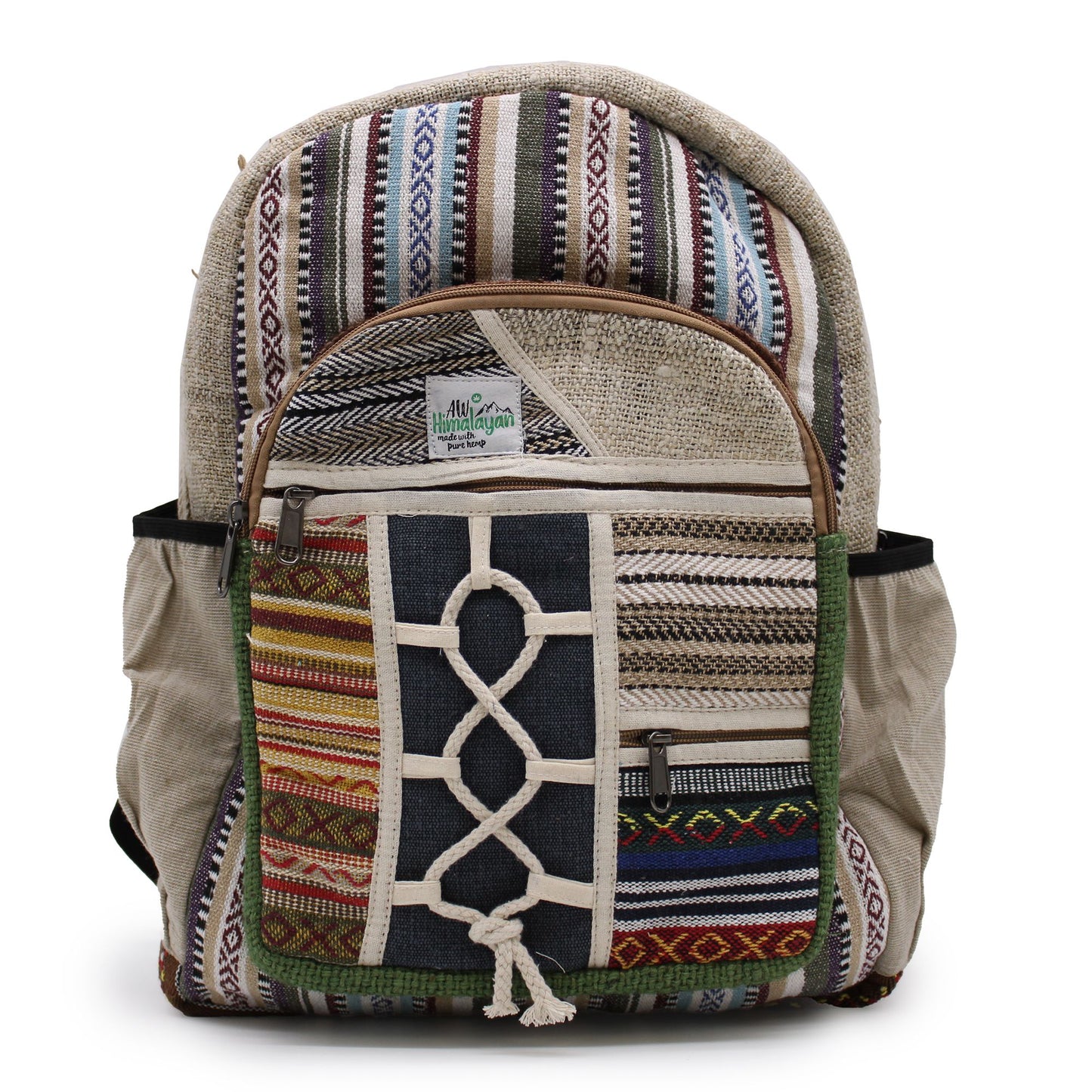 Large natural hemp backpack with decorative rope details and multiple outer pockets on a plain background.