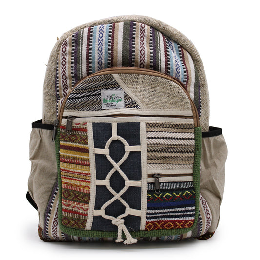 Large natural hemp backpack with decorative rope details and multiple outer pockets on a plain background.