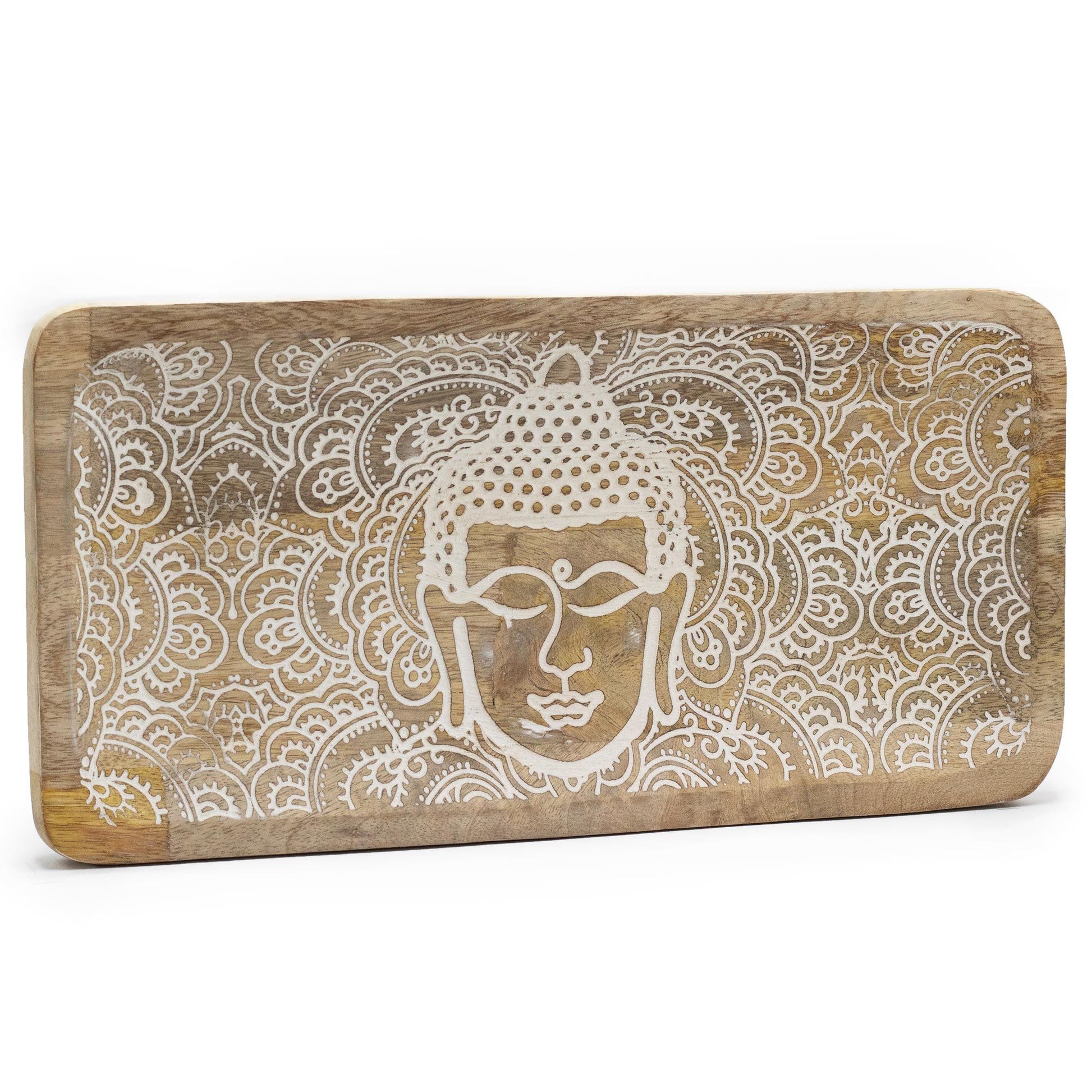 Handcrafted long wooden tray with a whitewash finish featuring a serene carved Buddha face design.
