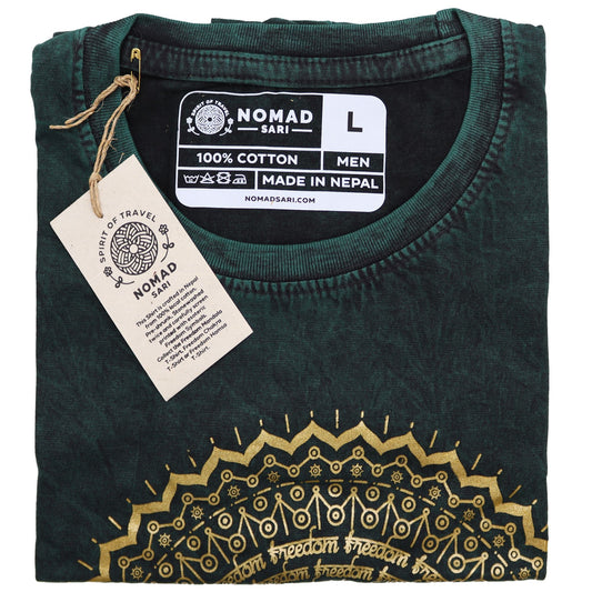 Large green stone washed t-shirt with a detailed Hamsa hand symbol printed on the front.