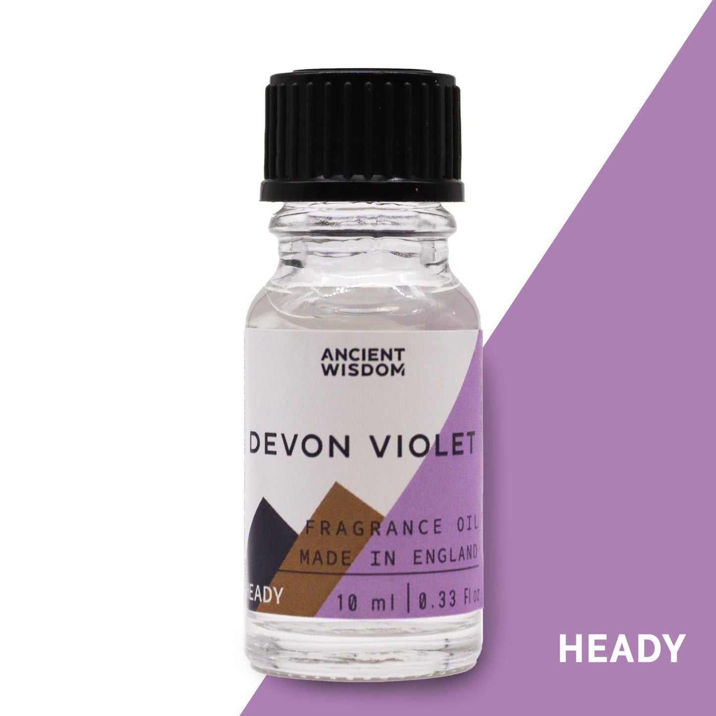 A small amber glass bottle of Devon Violet fragrance oil with a white label on a neutral background.