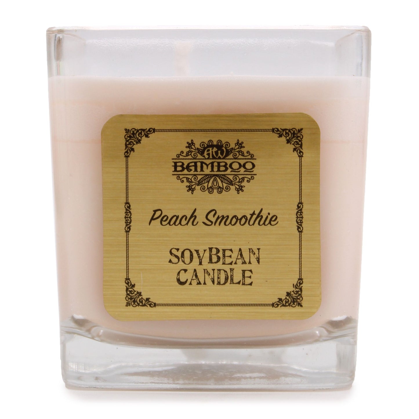 Peach scented soy wax candle in a chunky recycled glass jar with a protective dust cover.