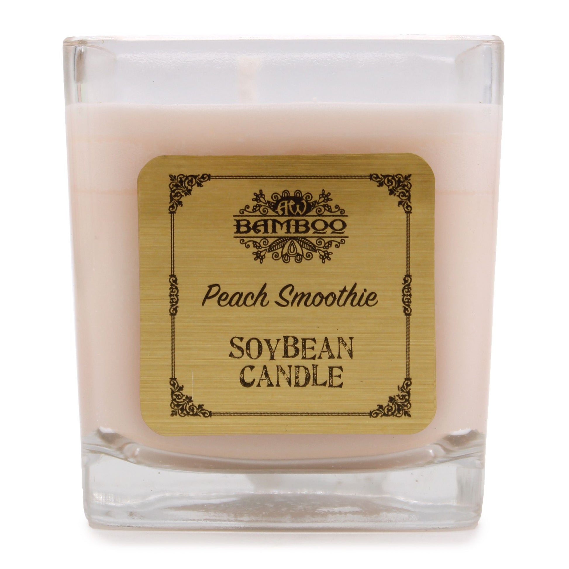 Peach scented soy wax candle in a chunky recycled glass jar with a protective dust cover.