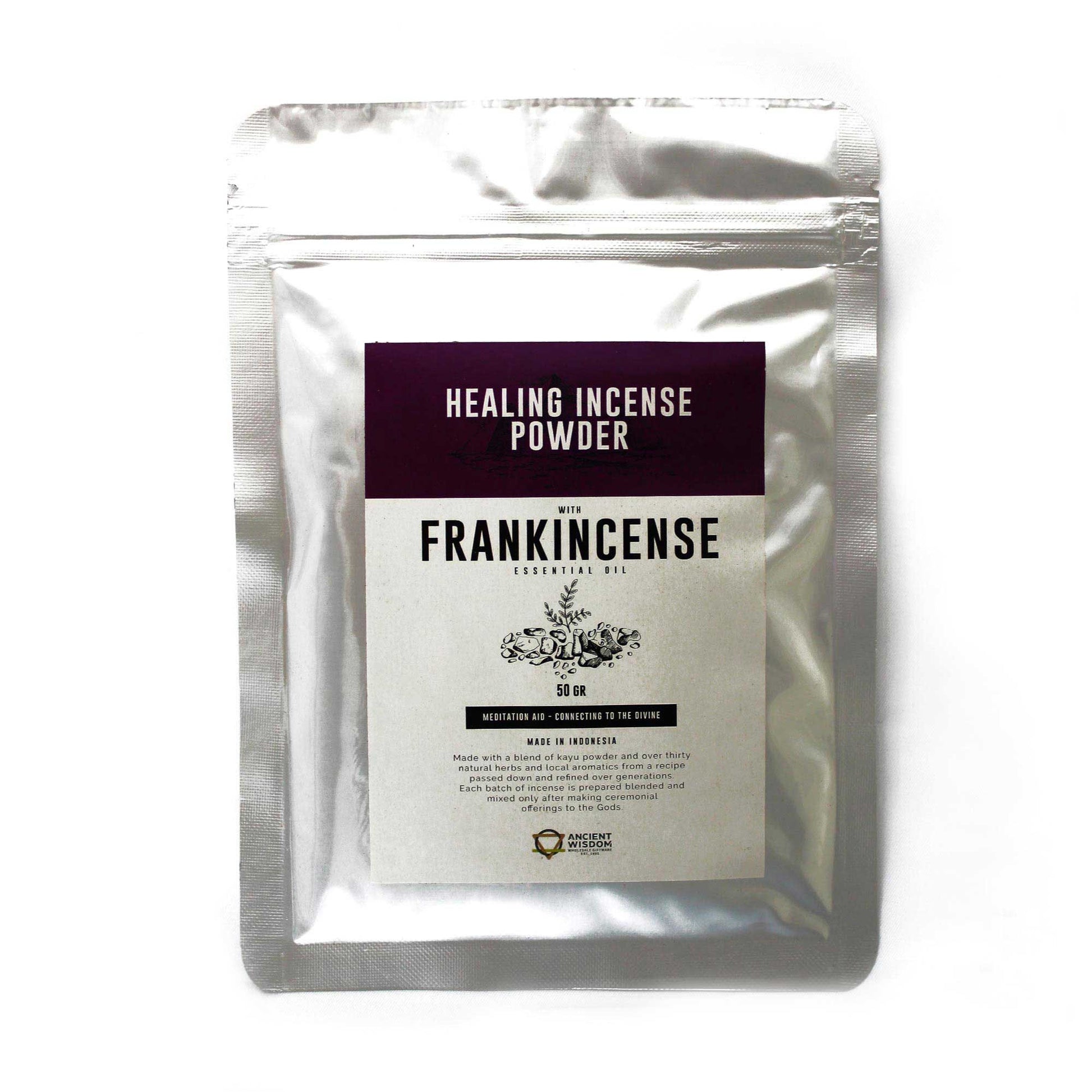 Enchanting frankincense healing incense powder in a small heap ready for burning on a heat-resistant holder.