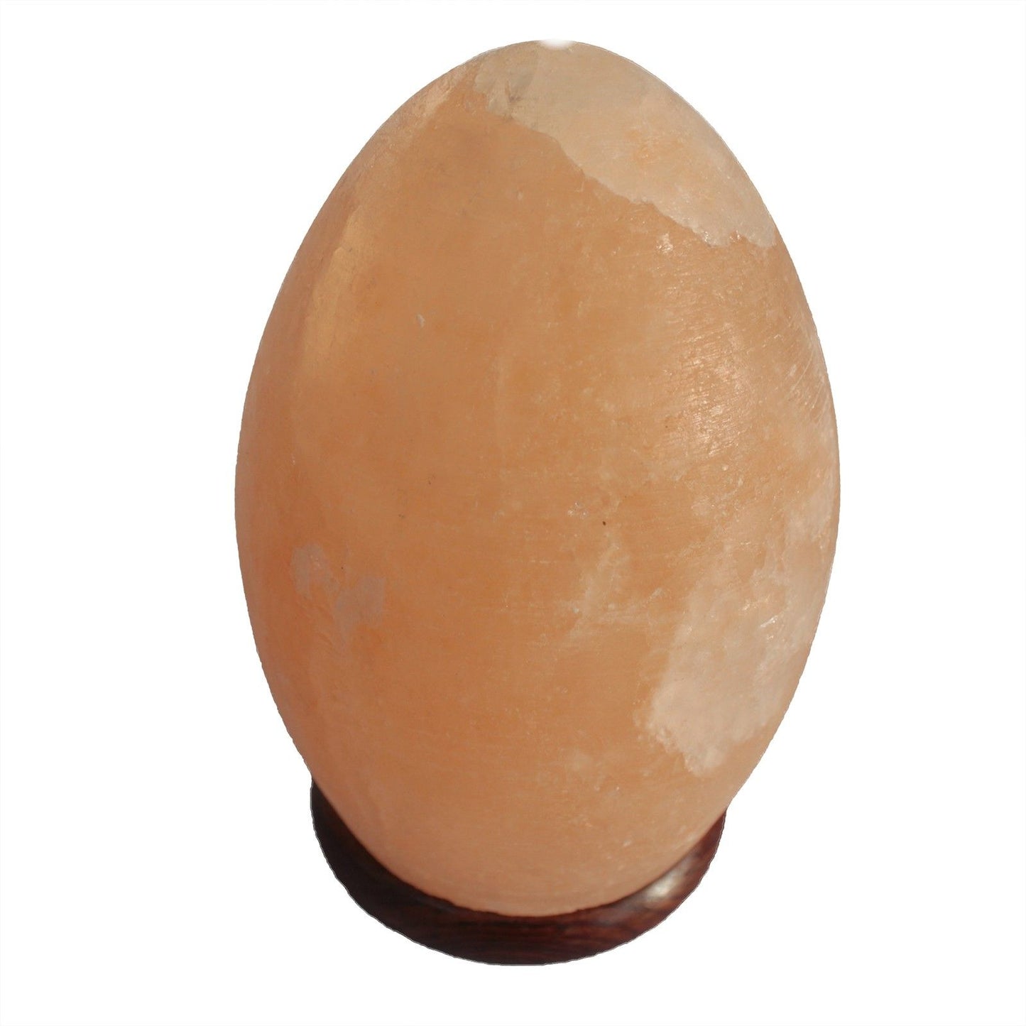 Smooth egg-shaped pink Himalayan salt lamp sitting on a circular dark wood base, emitting a warm orange glow.