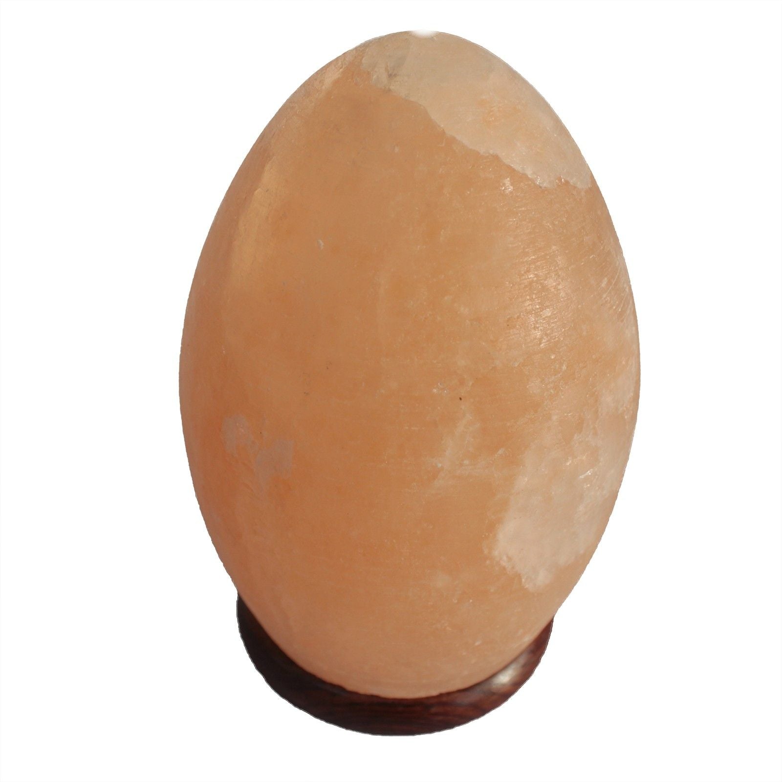 Smooth egg-shaped pink Himalayan salt lamp sitting on a circular dark wood base, emitting a warm orange glow.