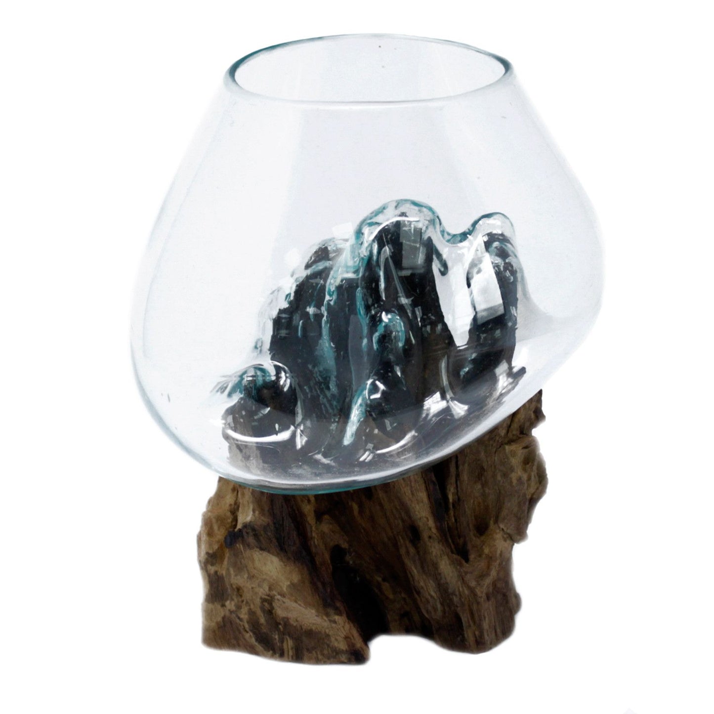 Large hand-blown recycled glass bowl slumped over a natural weathered wooden base, creating a unique organic sculpture.
