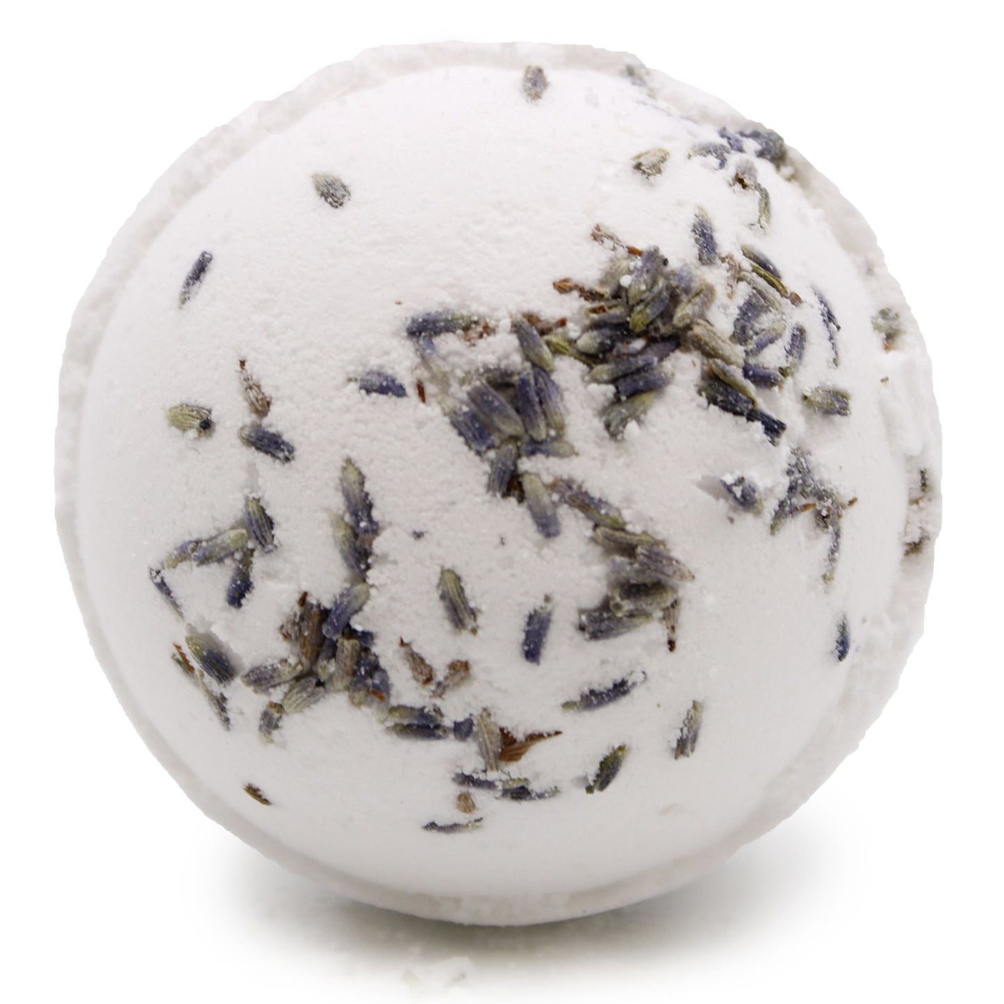 A large round pink Himalayan salt bath bomb textured with dried lavender botanicals on a plain background.