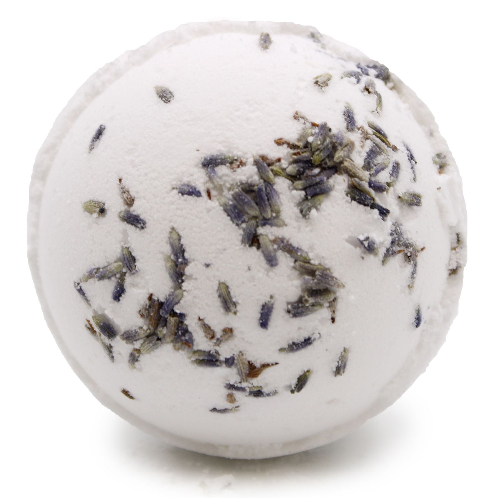 A large round pink Himalayan salt bath bomb textured with dried lavender botanicals on a plain background.