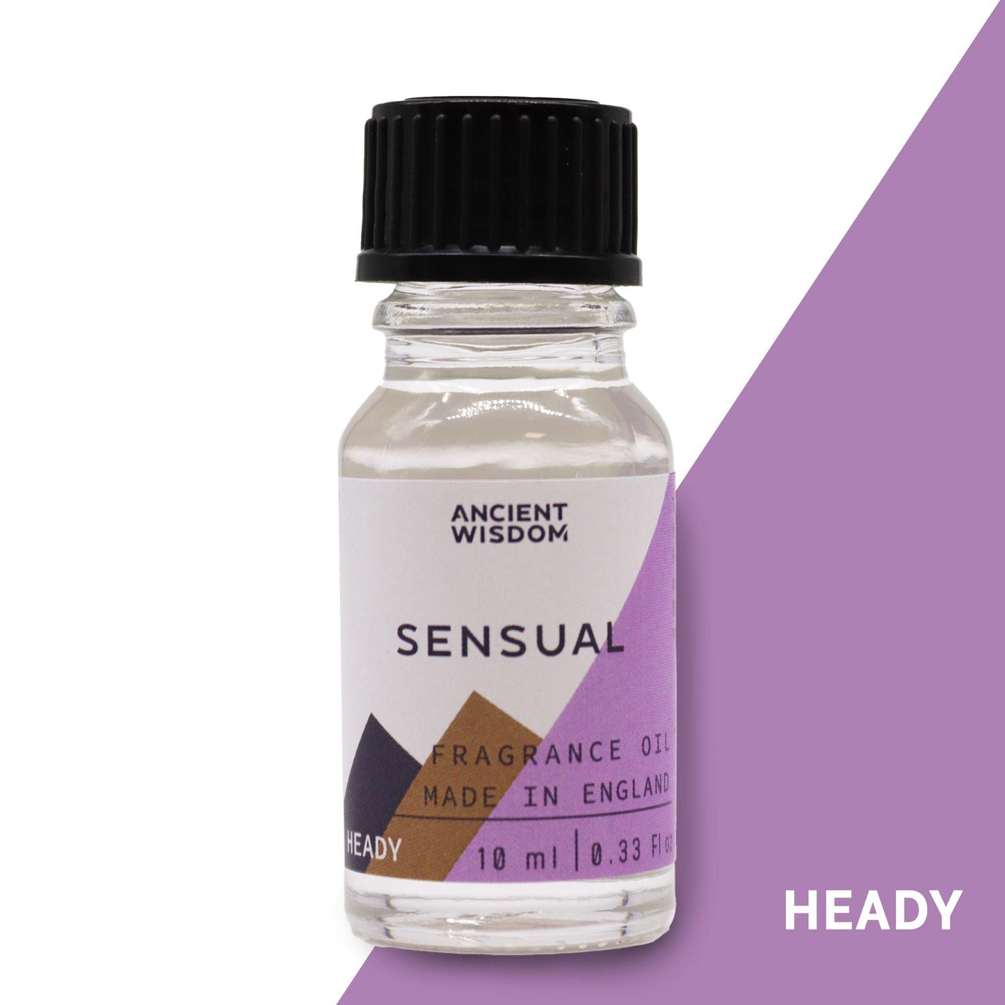 A 10ml amber glass bottle of Sensual Fragrance Oil with a black dropper cap on a neutral background.