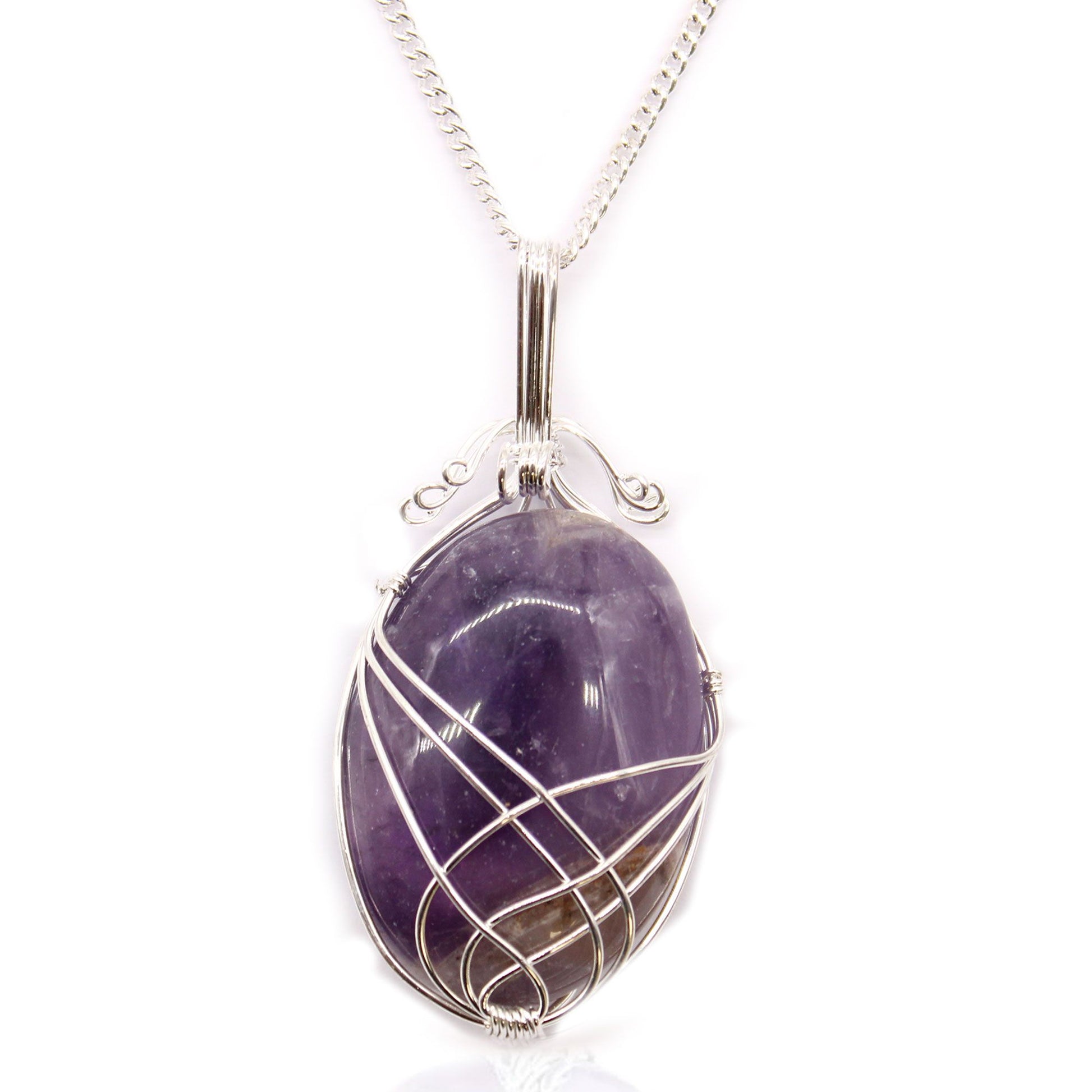 Elegant purple amethyst gemstone teardrop pendant secured in a decorative silver-coloured wire swirl wrap.