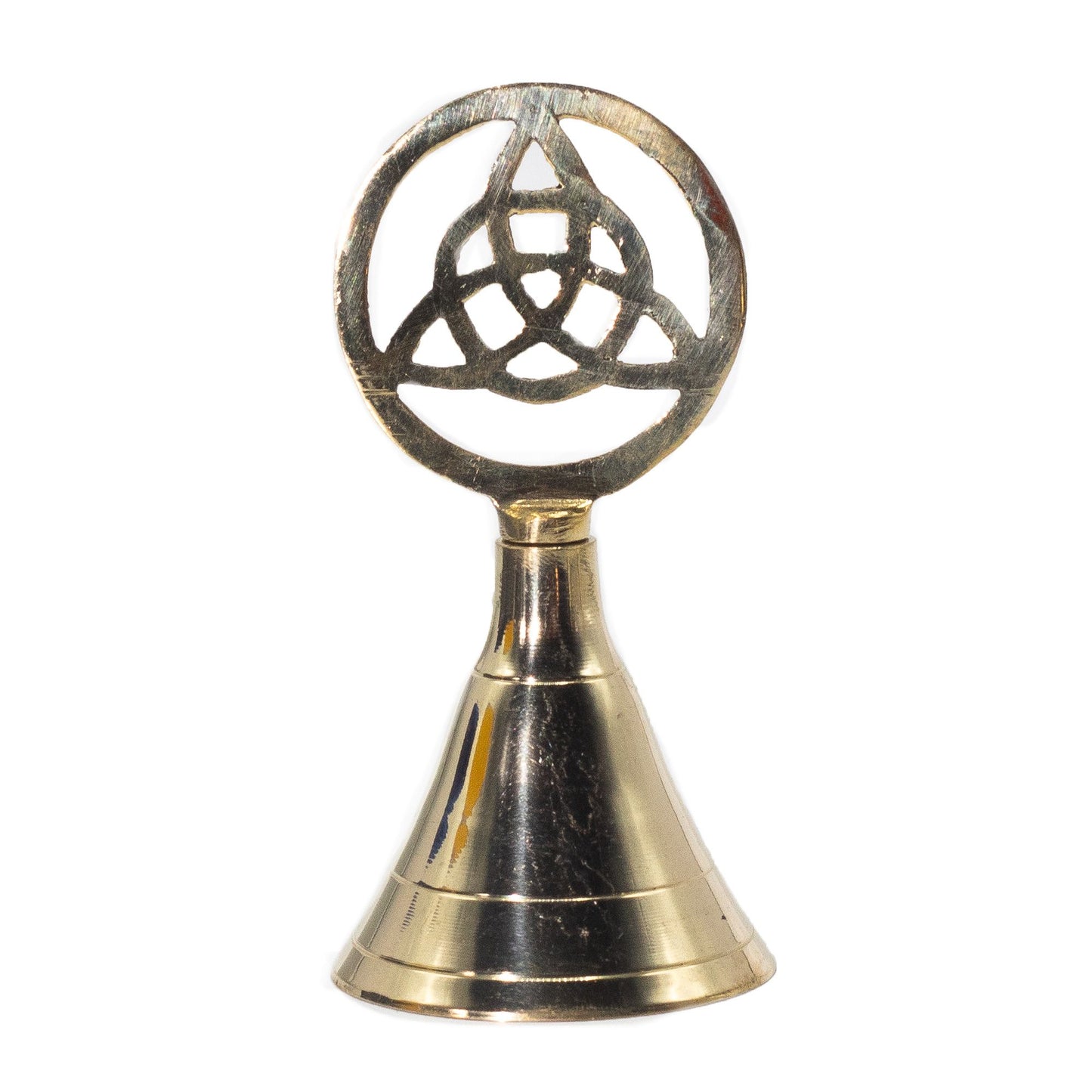 Handcrafted solid brass altar bell featuring a polished Triquetra symbol handle and a bright gold-toned finish.