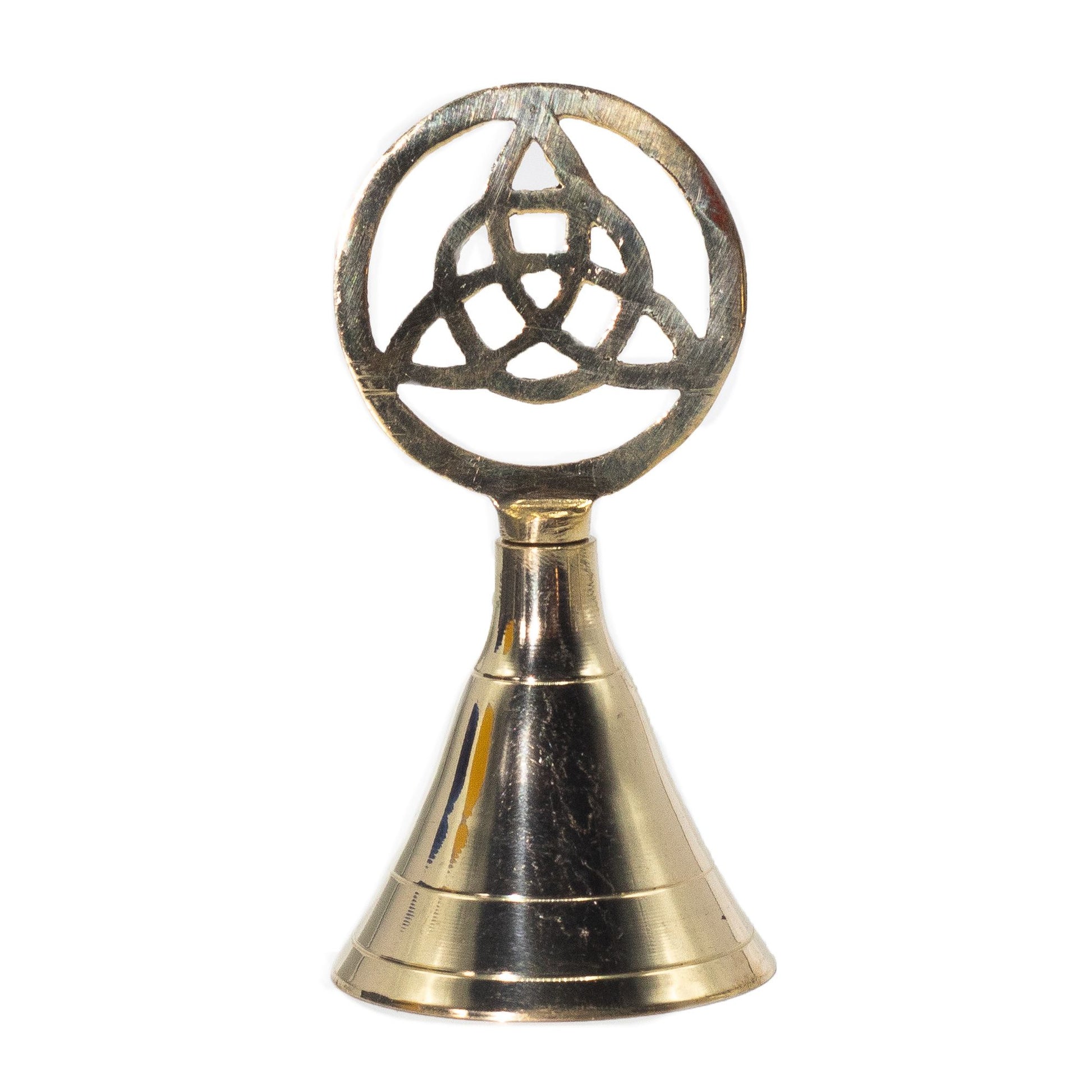 Handcrafted solid brass altar bell featuring a polished Triquetra symbol handle and a bright gold-toned finish.