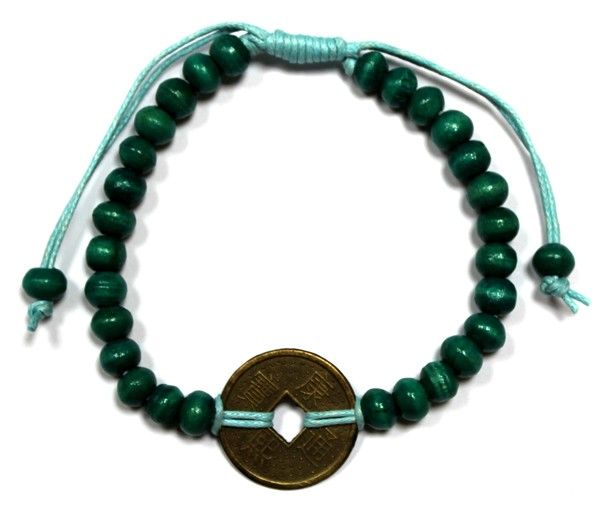 Green wooden bead bracelet featuring traditional Chinese fortune coins for luck and prosperity.
