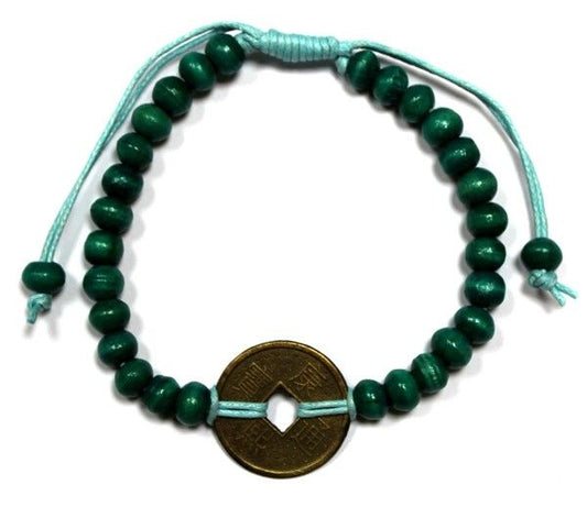 Green wooden bead bracelet featuring traditional Chinese fortune coins for luck and prosperity.