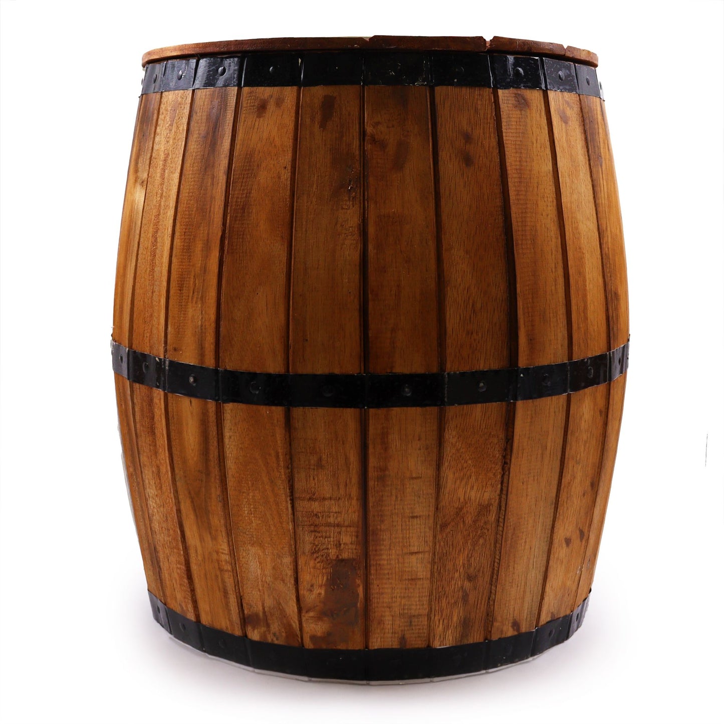 Rustic wooden beer barrel table with a smooth natural finish and metal hoop details in a bright room.
