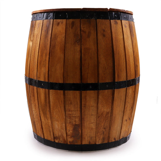 Rustic wooden beer barrel table with a smooth natural finish and metal hoop details in a bright room.