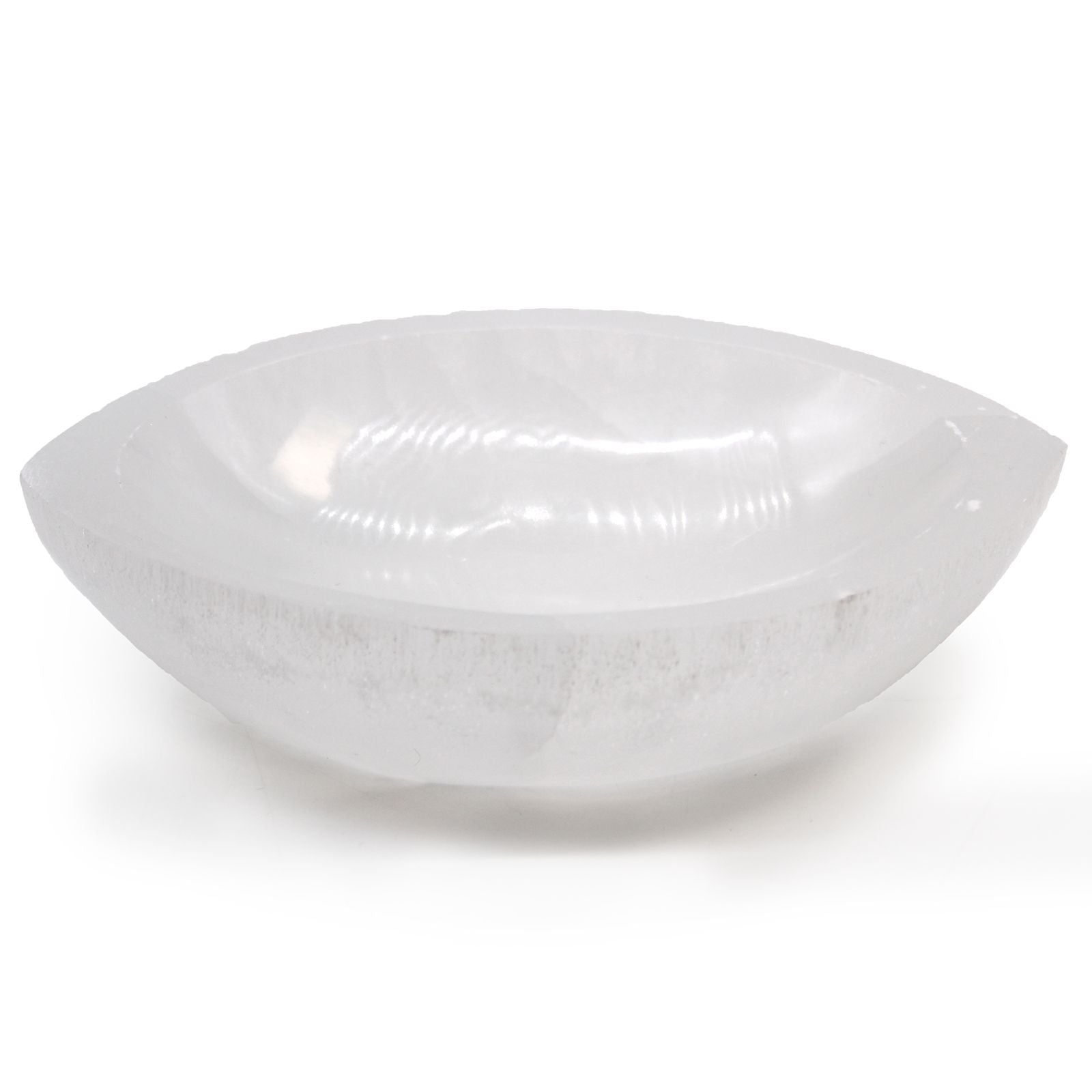 Large carved selenite bowl in a unique eye shape with a smooth, translucent white finish.