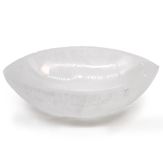 Large carved selenite bowl in a unique eye shape with a smooth, translucent white finish.