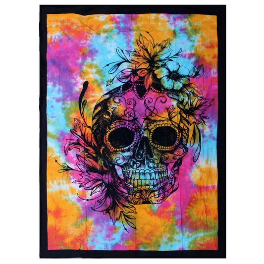 Detailed black and white Day of the Dead sugar skull design on a single cotton bedspread and wall hanging.