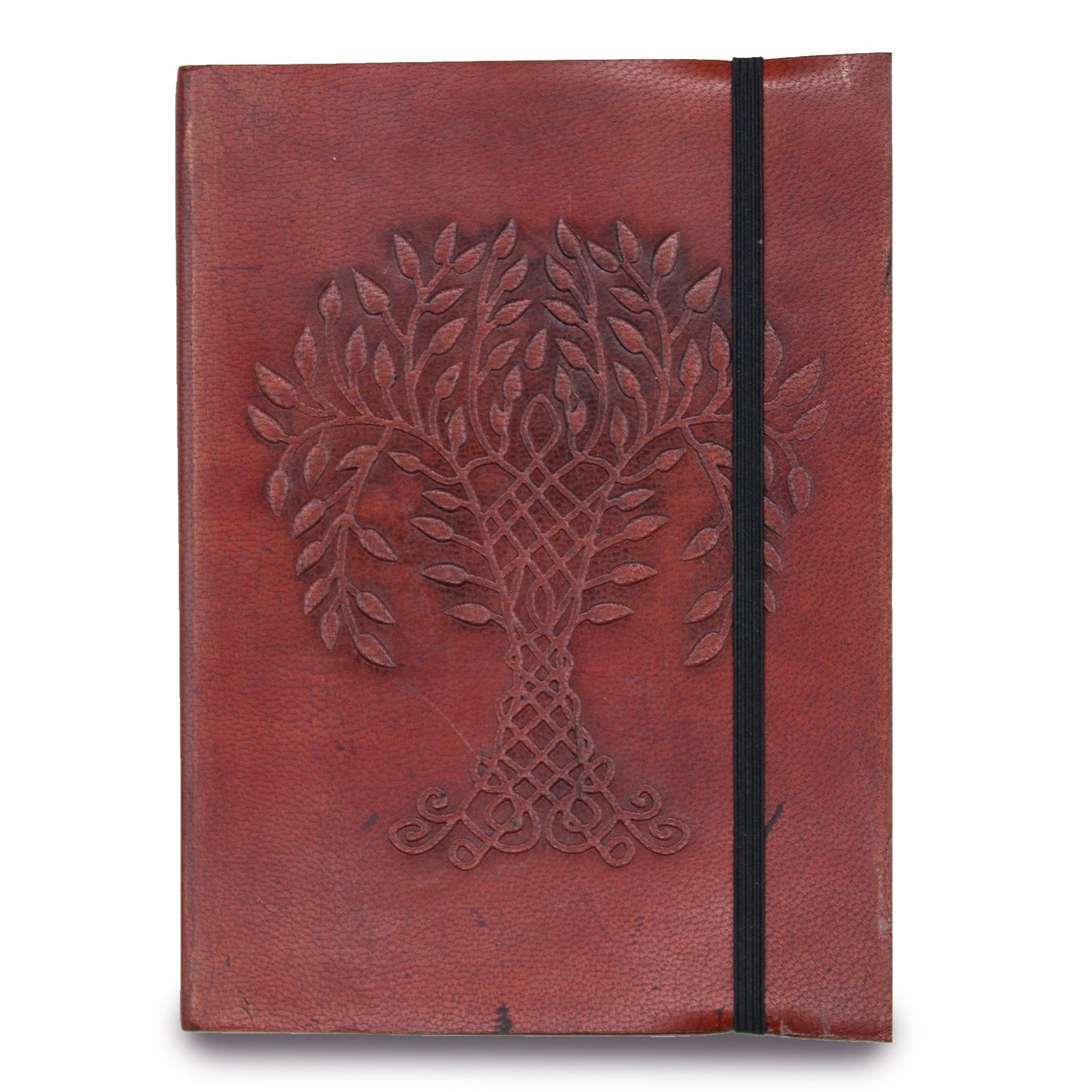 Small brown vegetable leather notebook featuring an embossed Tree of Life design and a wrap-around cord strap.