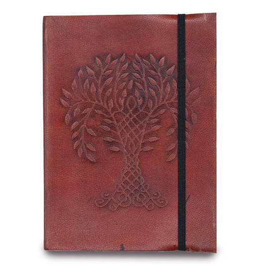 Small brown vegetable leather notebook featuring an embossed Tree of Life design and a wrap-around cord strap.
