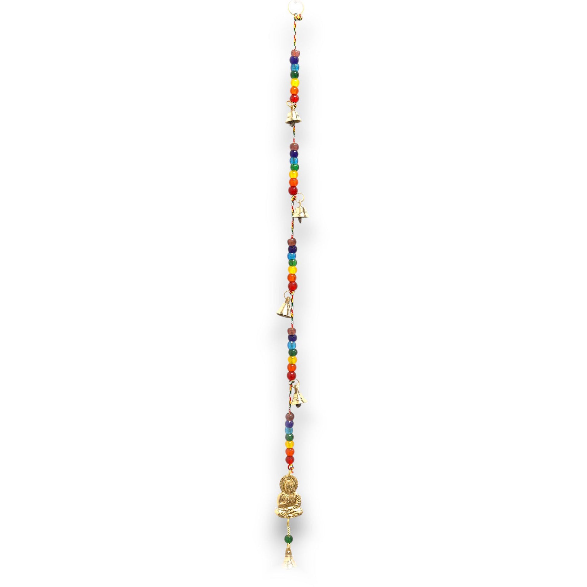 Handcrafted Indian chimes with a brass Buddha charm, colourful chakra beads, and traditional string bells.