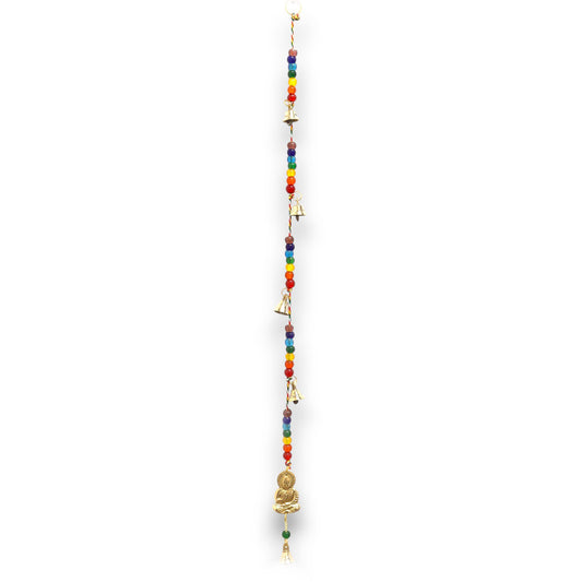 Handcrafted Indian chimes with a brass Buddha charm, colourful chakra beads, and traditional string bells.