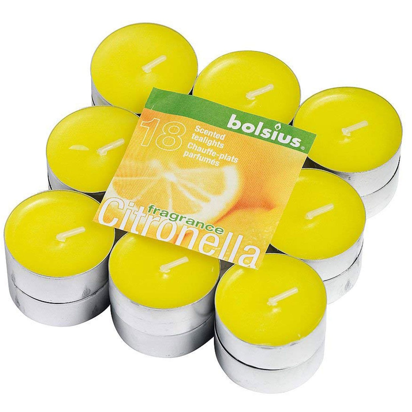 A pack of eighteen yellow citronella tea light candles in silver aluminium cups.