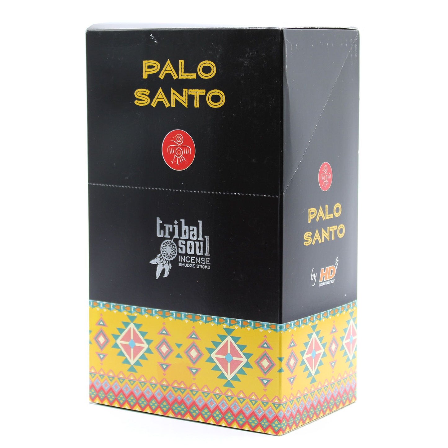 Handcrafted incense sticks in a decorative box featuring Palo Santo wood imagery and spiritual motifs.