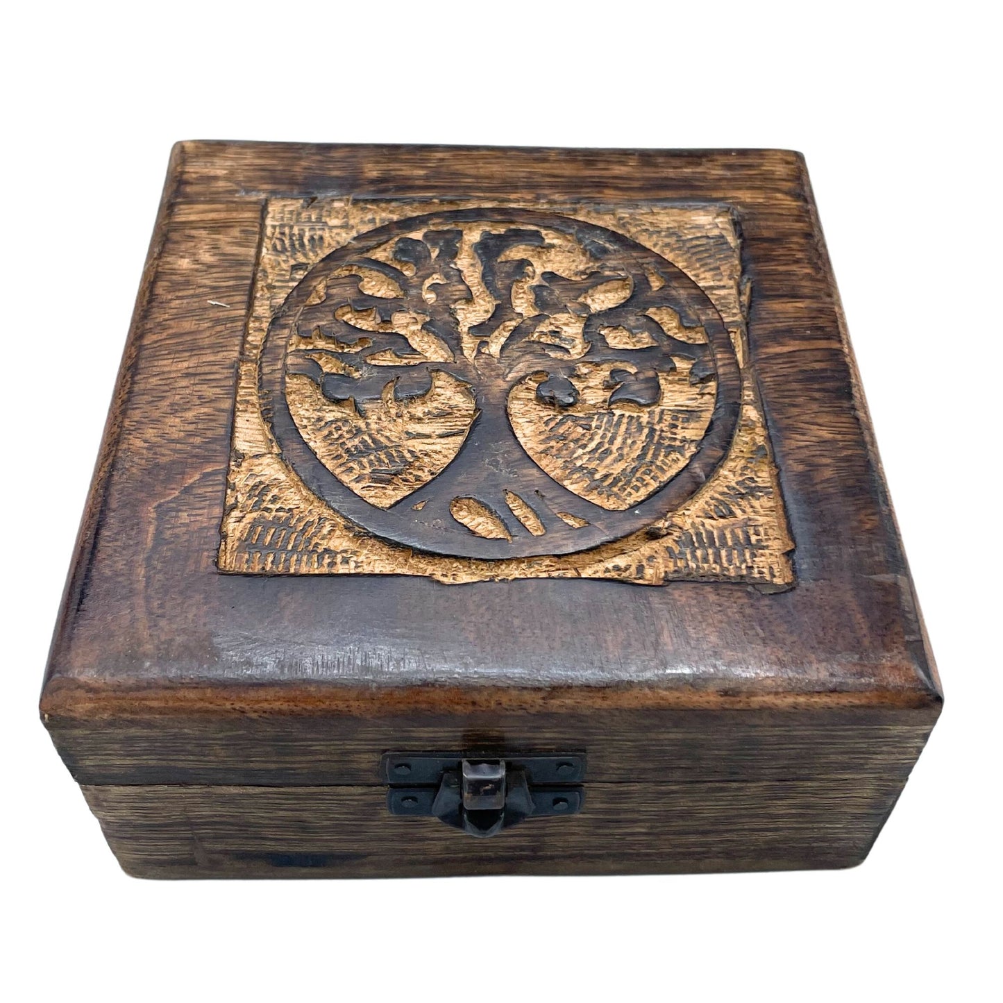 Hand-carved square wooden keepsake box featuring an intricate Tree of Life design on the lid.