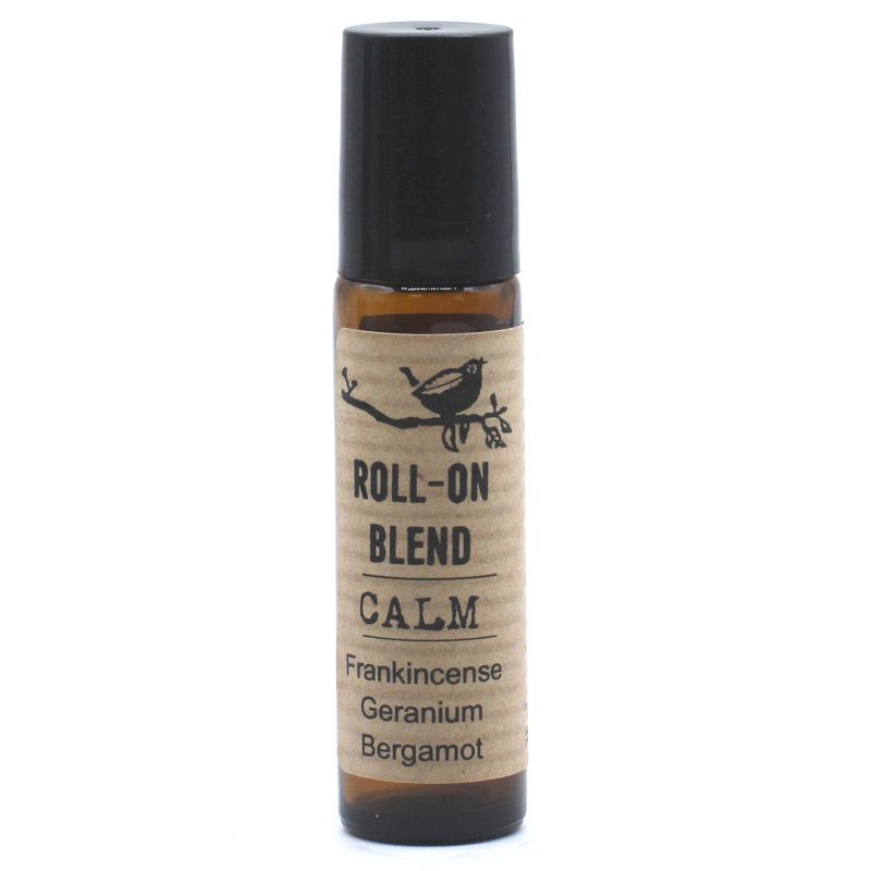 Amber glass 10ml essential oil roll on bottle with a black cap and minimalist label for relaxation.
