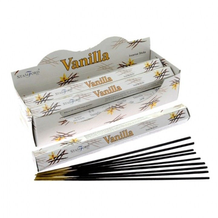 Hexagonal pack of premium vanilla incense sticks showing a sweet cream-coloured design with aromatic sticks.