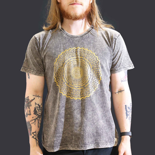 Large dark grey stone washed t-shirt featuring a detailed white mandala design on the front.