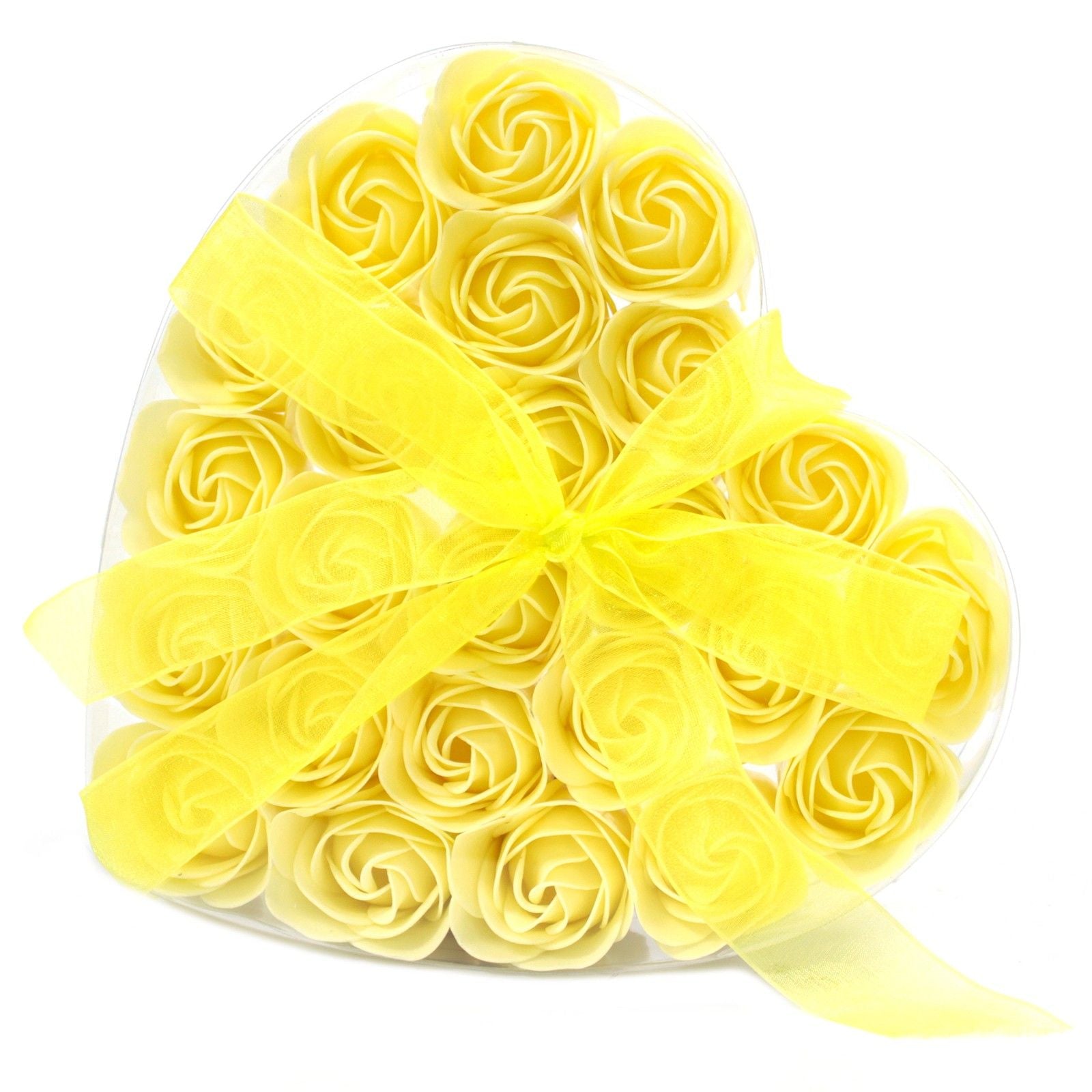 A heart-shaped box filled with twenty-four realistic yellow soap roses arranged neatly.