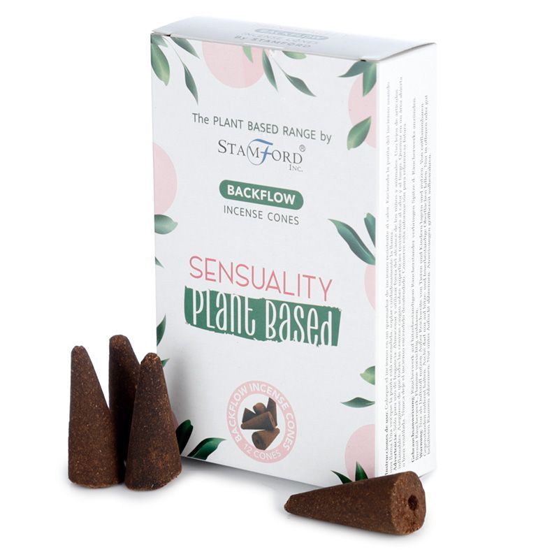 Box of plant-based backflow incense cones labelled Sensuality with a natural and eco-friendly aesthetic.