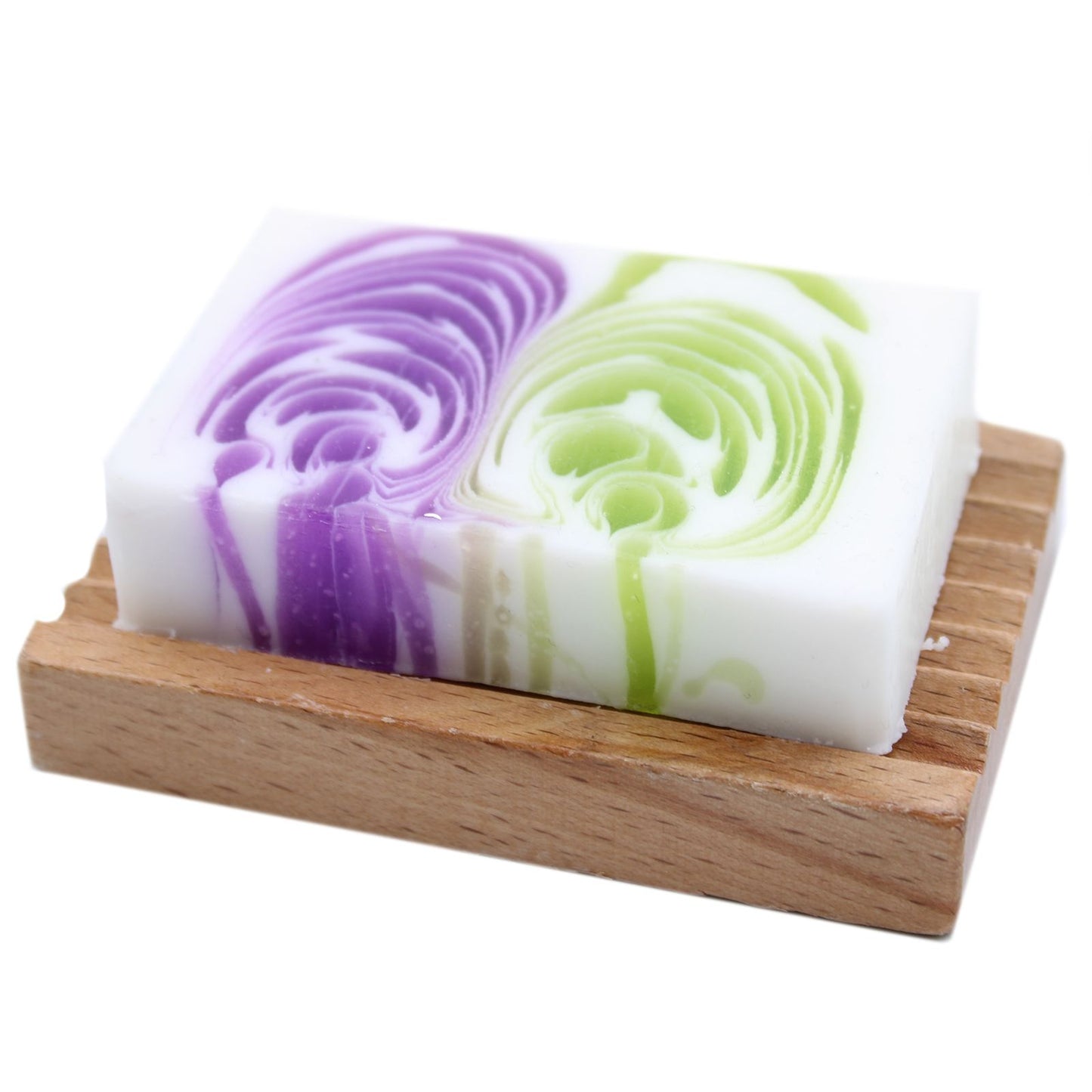 A single 100g slice of handcrafted dewberry soap with a vibrant purple and white marbled design.